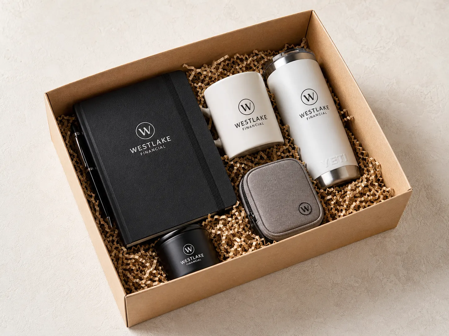 Premium client gift box with notebook, mug, tumbler, and accessories