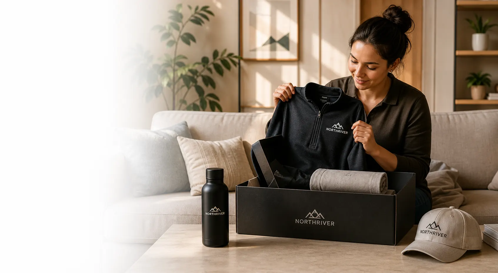 Employee opening a premium company store merch box with apparel and drinkware