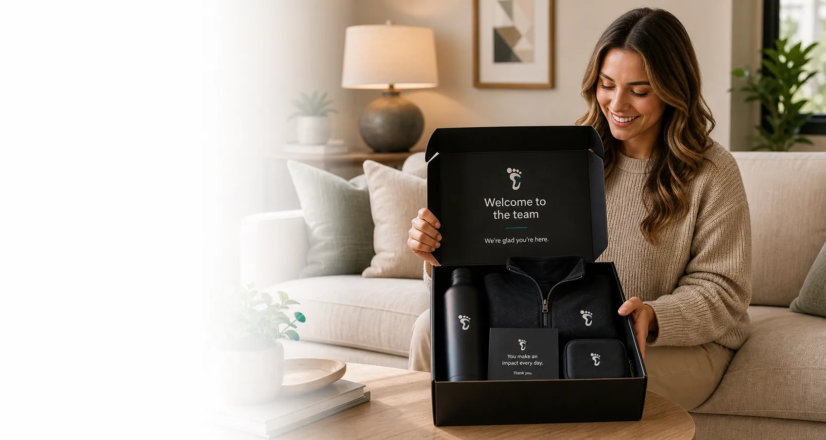 Employee opening a premium welcome kit with apparel and drinkware