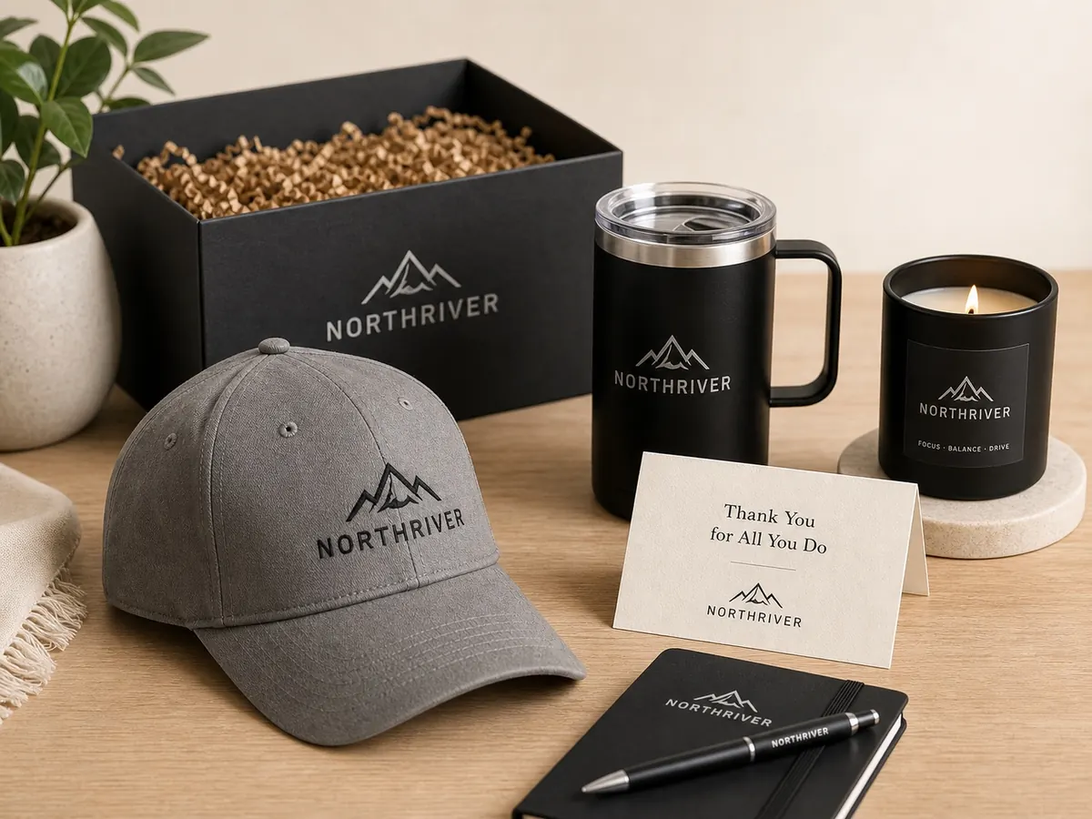 Referral gift with cap, mug, candle, notebook, and card