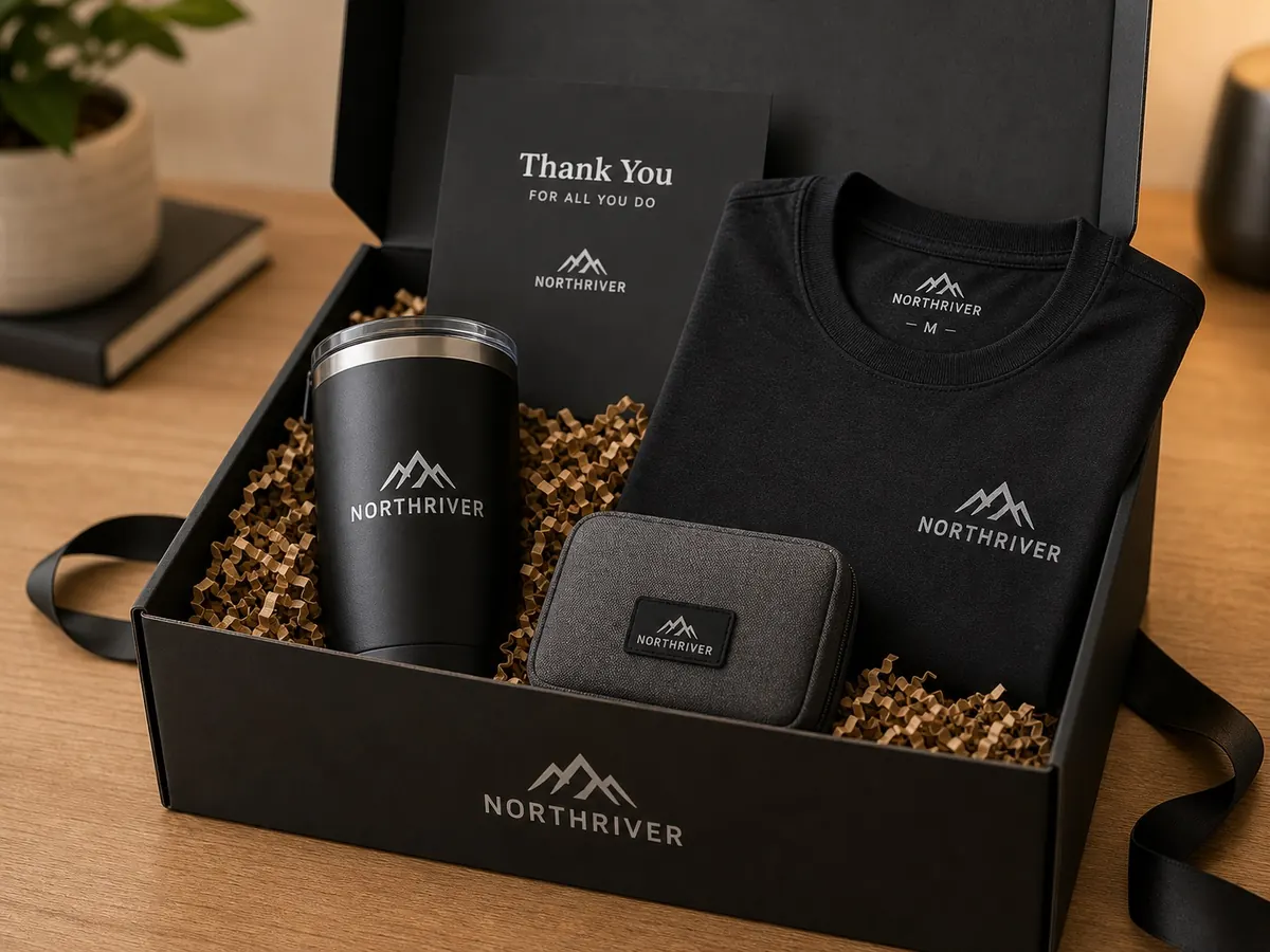 Employee recognition gift box with thank-you card and premium merch