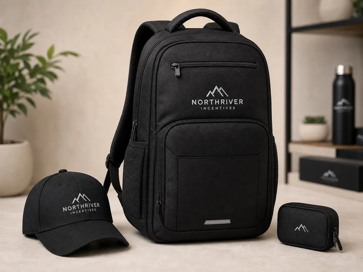 Black incentive backpack with branded cap and accessory pouch