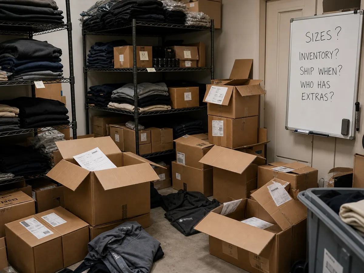Messy office merchandise inventory with boxes, shelves, and a whiteboard