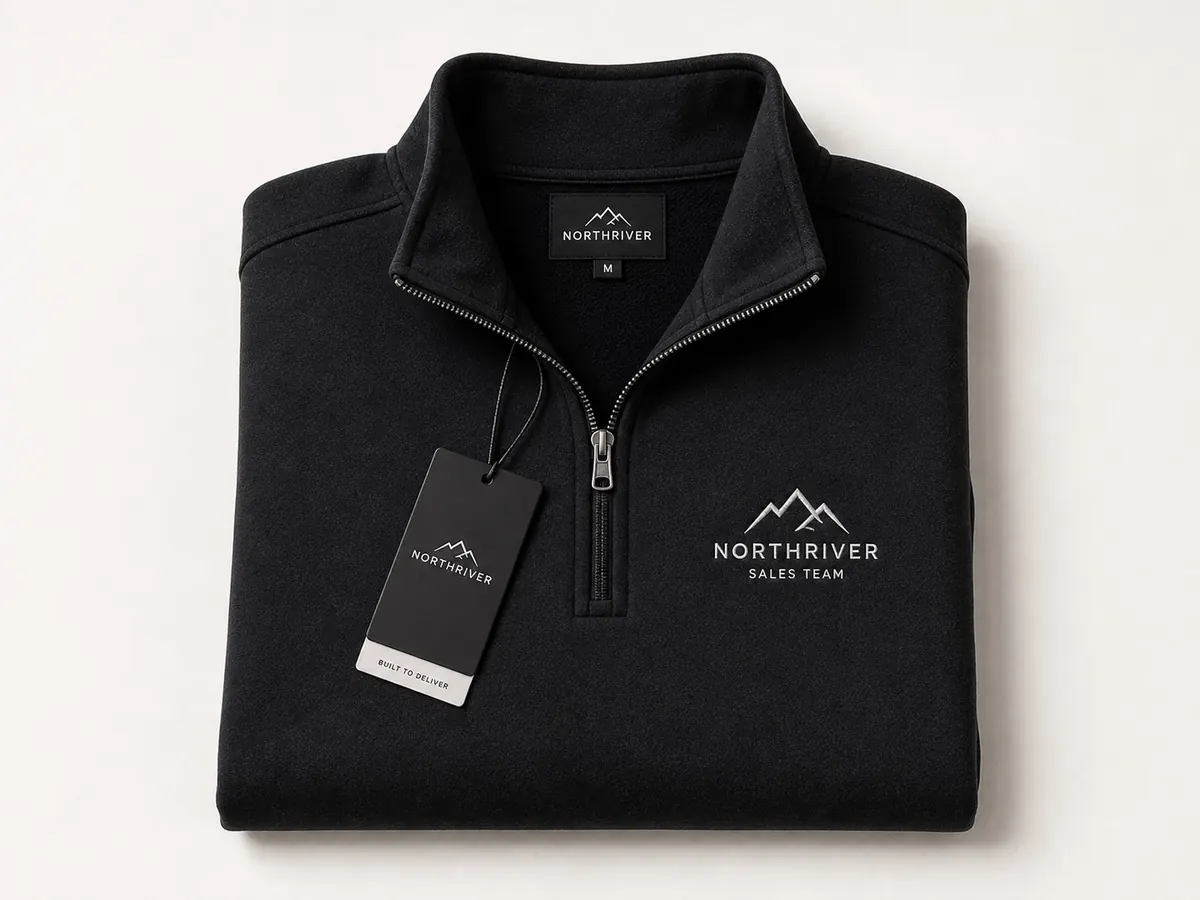 Black quarter-zip apparel with subtle embroidered mark