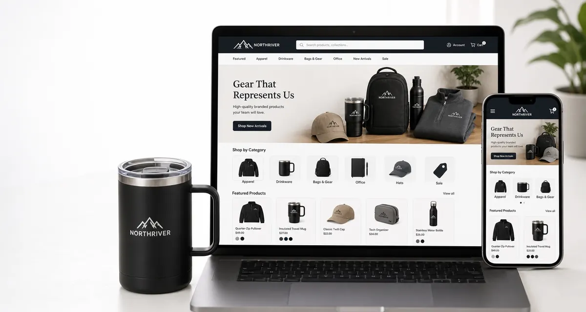 Laptop and phone showing a polished custom corporate store interface