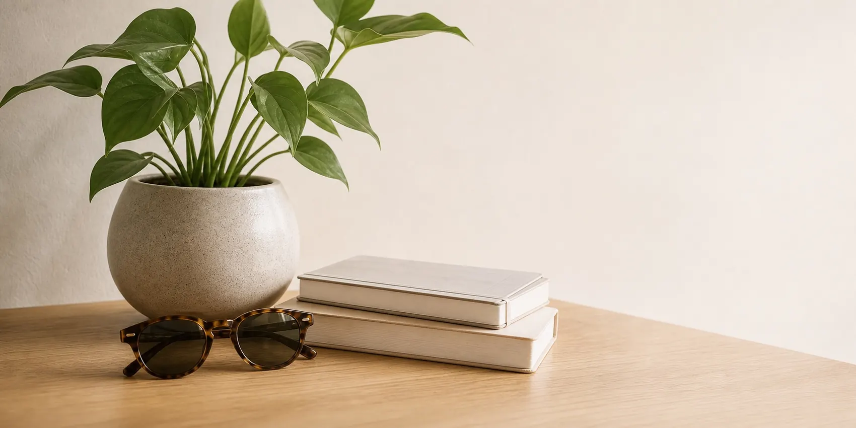 Plant, notebook, sunglasses, and black tumbler on a warm wood desk