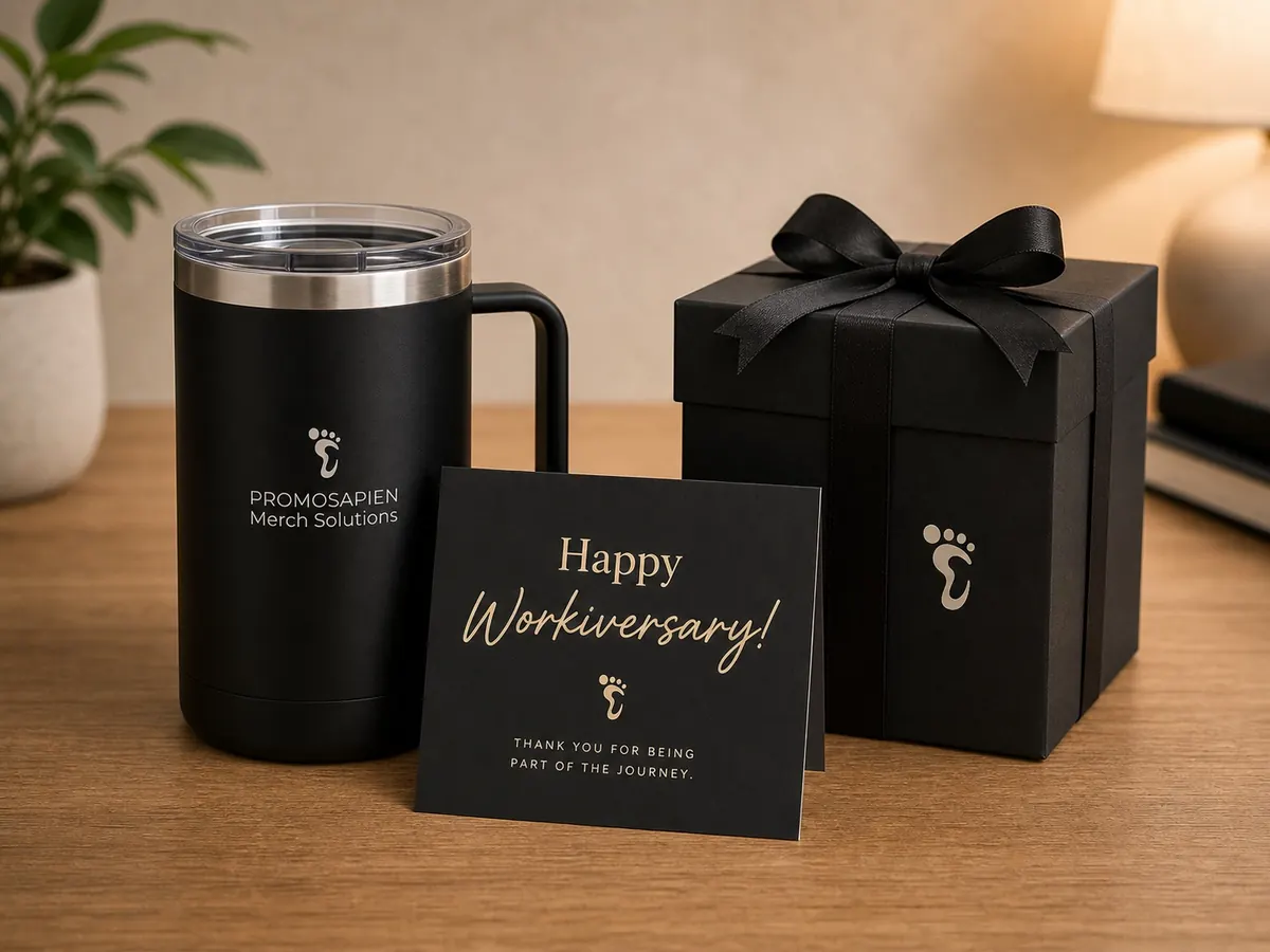 Work anniversary gift with tumbler and card