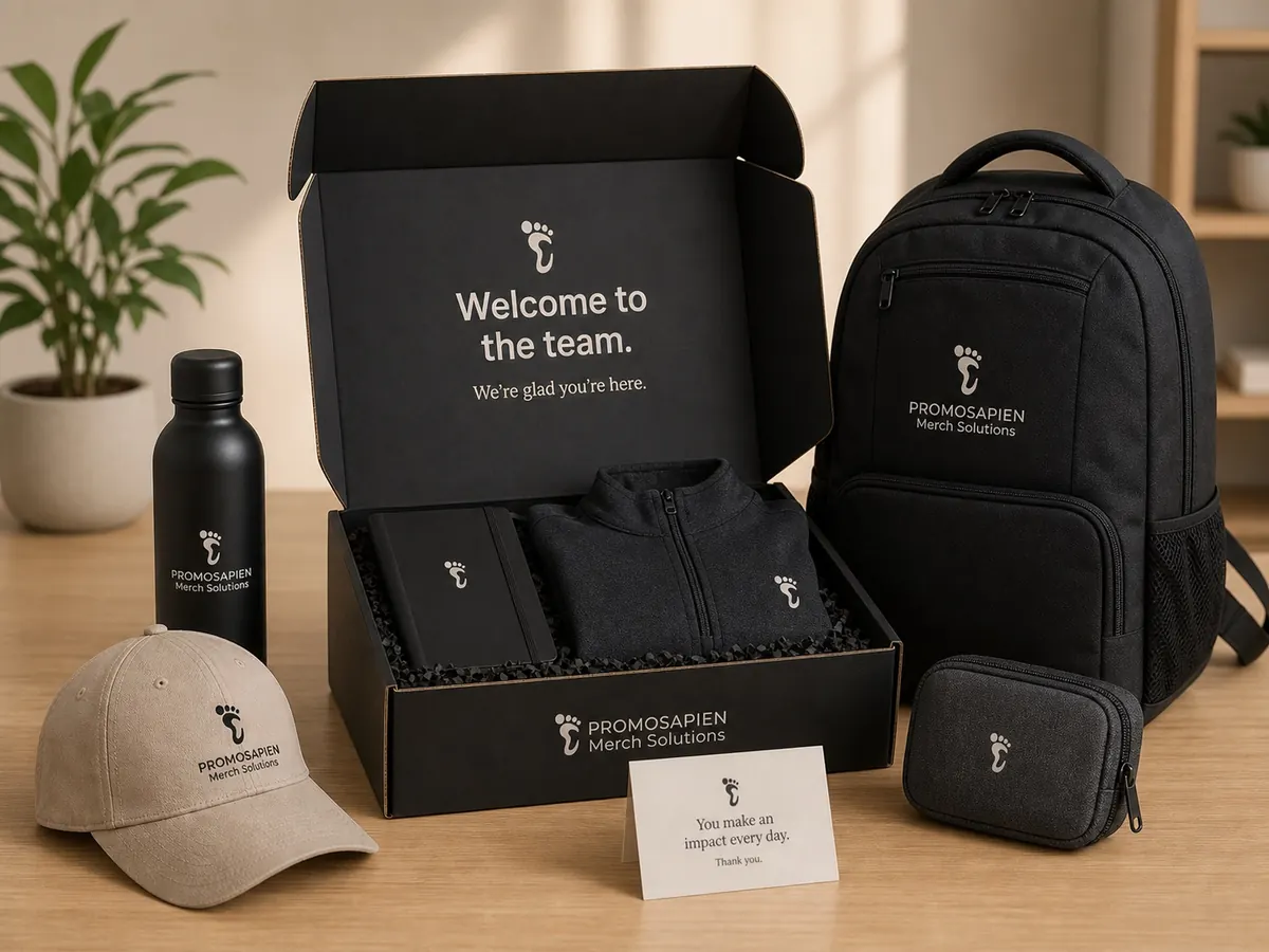 Premium employee appreciation kit with backpack, bottle, cap, and welcome card