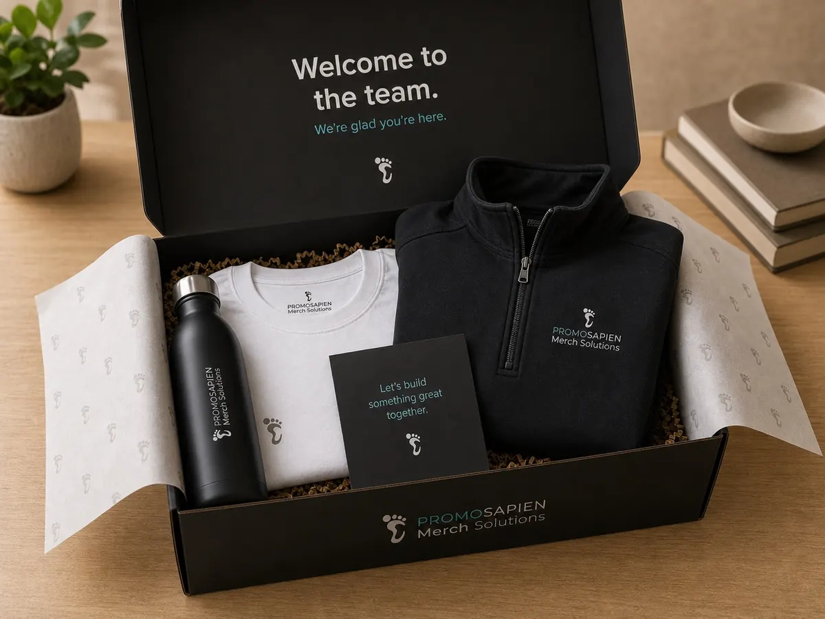 Onboarding kit with apparel, bottle, and welcome card