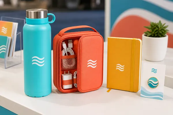 Colorful booth giveaway set with turquoise bottle, coral cable pouch, and mustard notebook