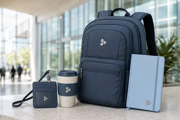 Slate blue conference backpack with badge wallet, travel mug, and notebook