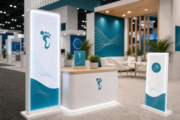 Clean illuminated teal and white signage at a premium exhibition booth