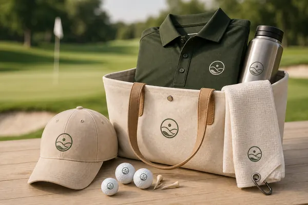 Sand and moss golf hospitality kit with cap, polo, towel, and bottle