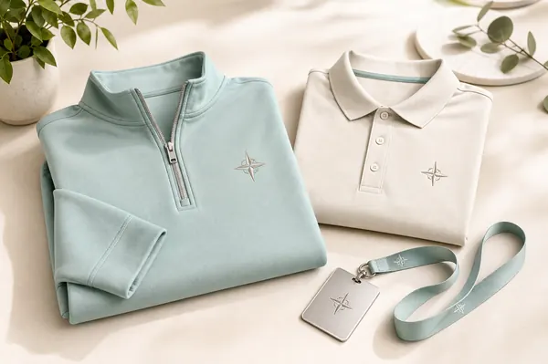 Seafoam quarter-zip and cream polo with coordinated event lanyard