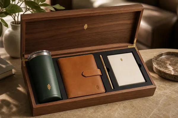 Walnut sponsor gift box with green tumbler, tan folio, and brass pen