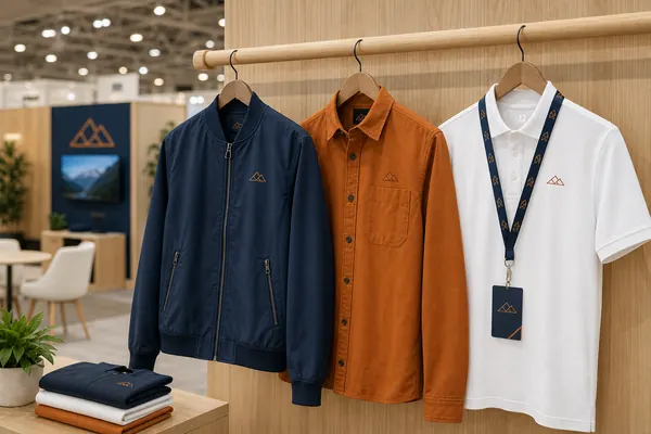 Navy, copper, and white staff apparel displayed in a modern exhibit booth