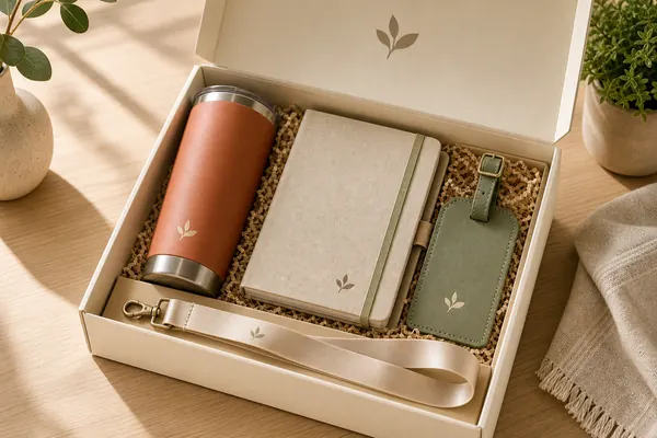 Terracotta and sage VIP attendee welcome kit in a cream presentation box