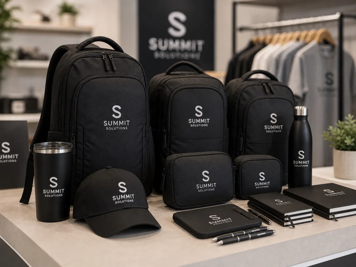 Premium branded merch kit with bags, drinkware, notebooks, and caps