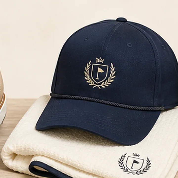 Navy golf cap and cream golf towel