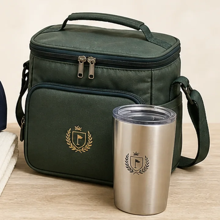 Forest green golf cooler and stainless tumbler