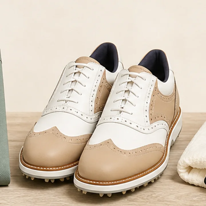 Pair of white and tan premium golf shoes