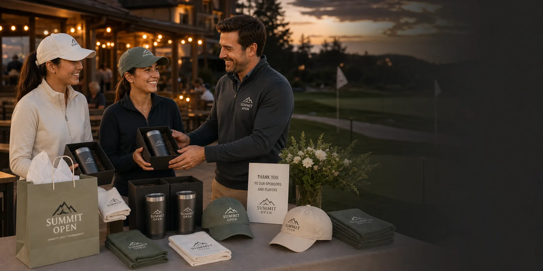 Summit Open host presenting premium golf tournament gifts on a clubhouse patio at sunset