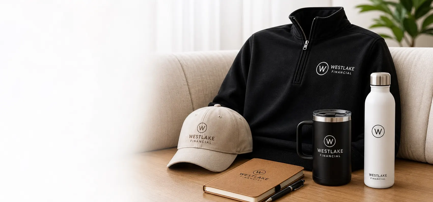 Premium branded merch arranged on a table