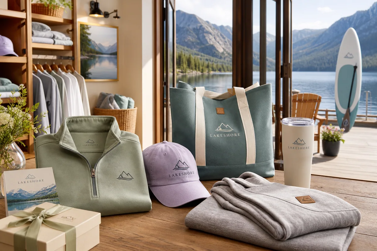 Curated lakeside resort merchandise experience with branded apparel, tote, drinkware, welcome gift, and paddleboard