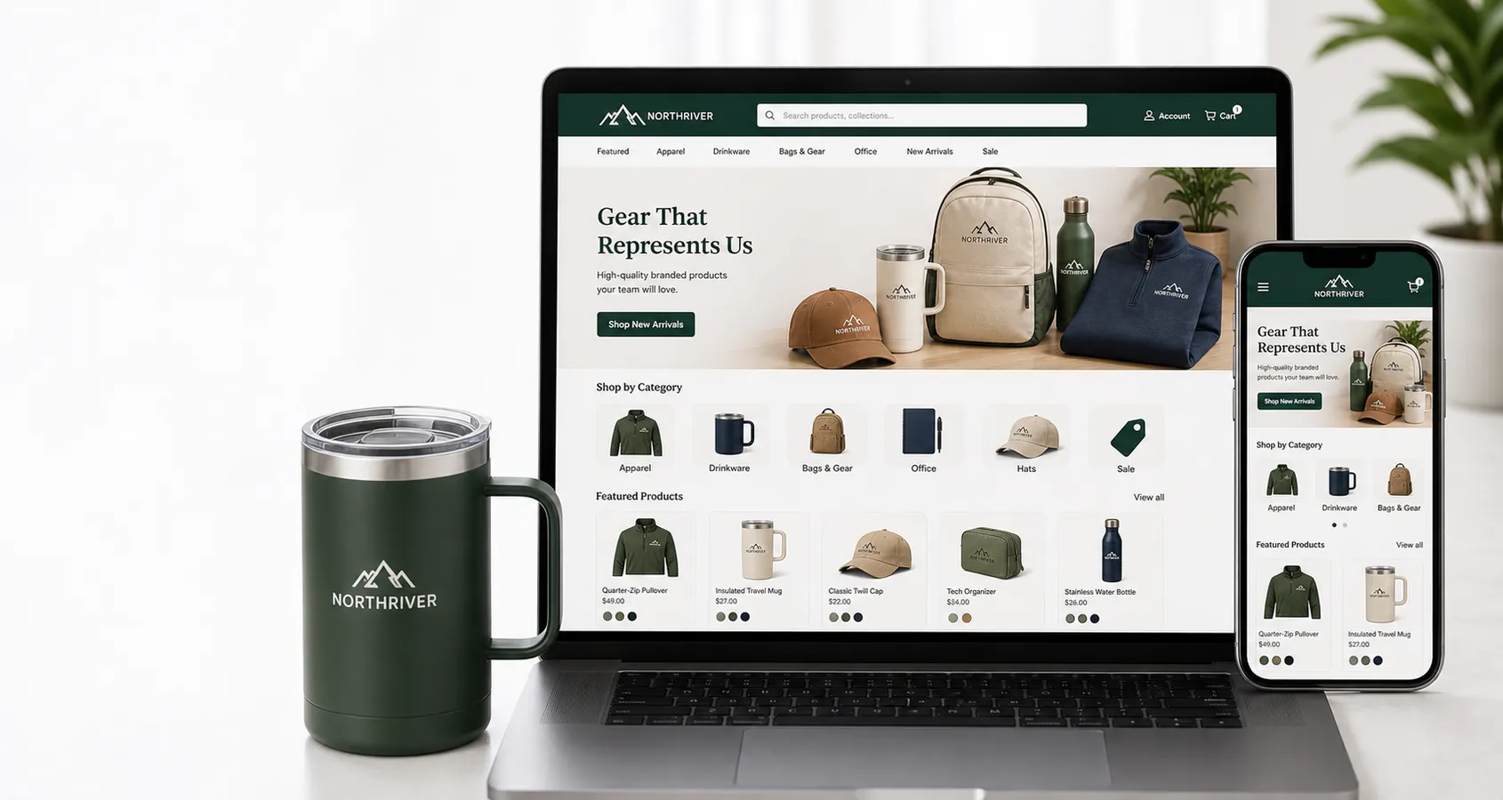 Custom NorthRiver company store displayed on laptop and mobile with forest, navy, and warm neutral branded merchandise choices