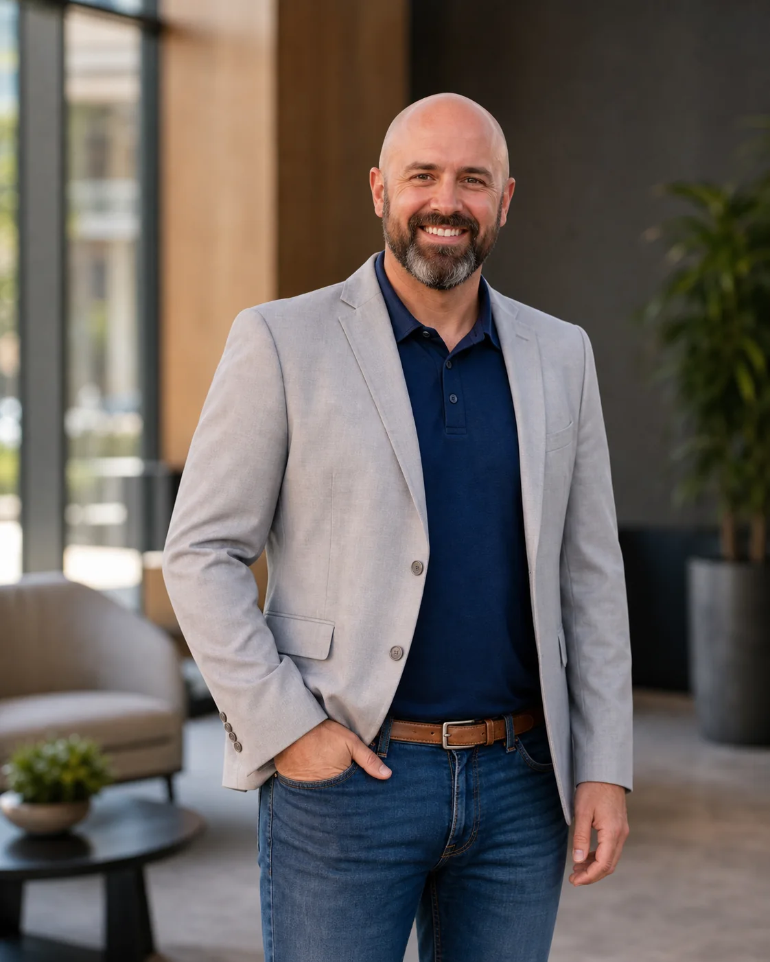 Brian Twiggs in a light gray blazer at a modern corporate lobby