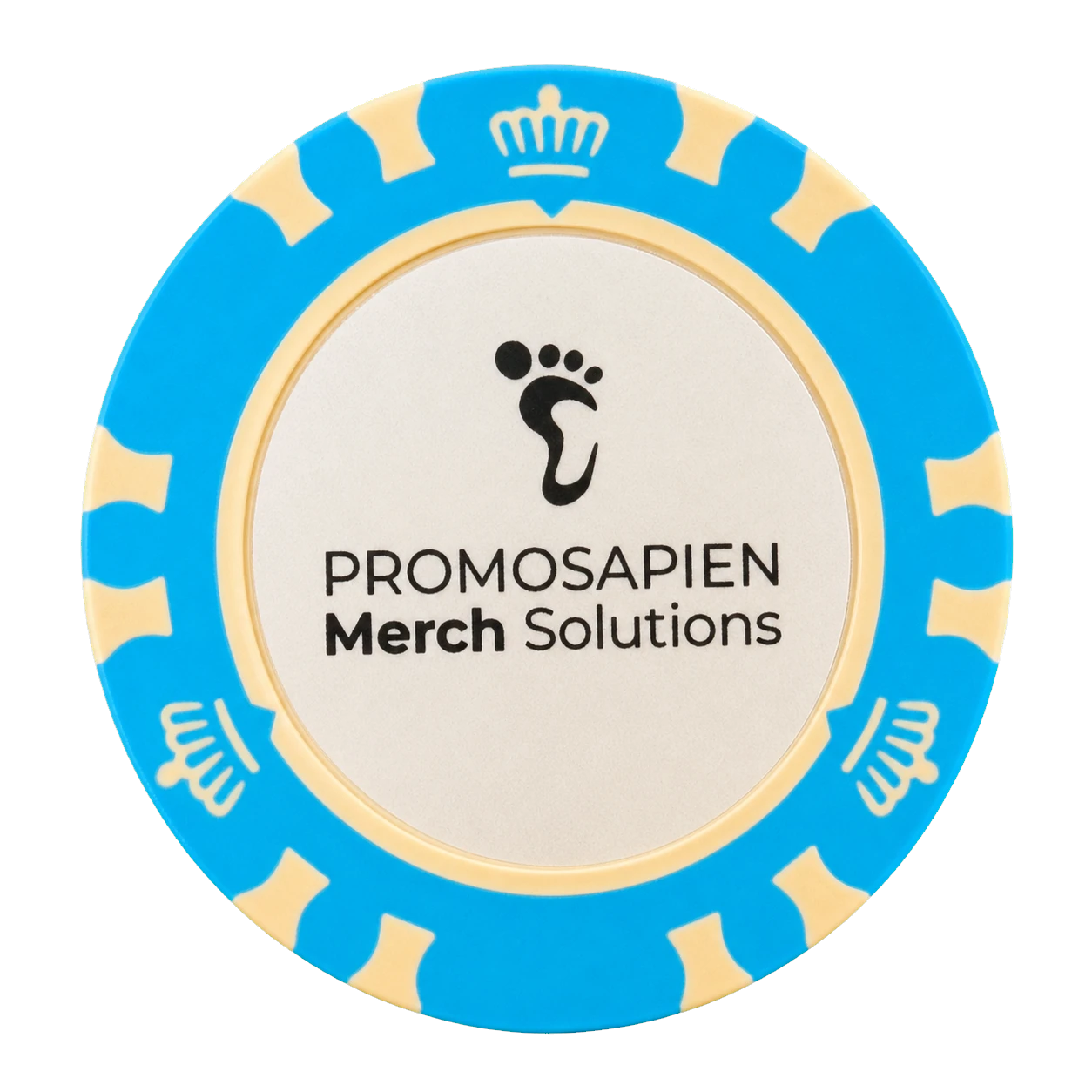 Blue and cream Promosapien Merch Solutions poker chip business card