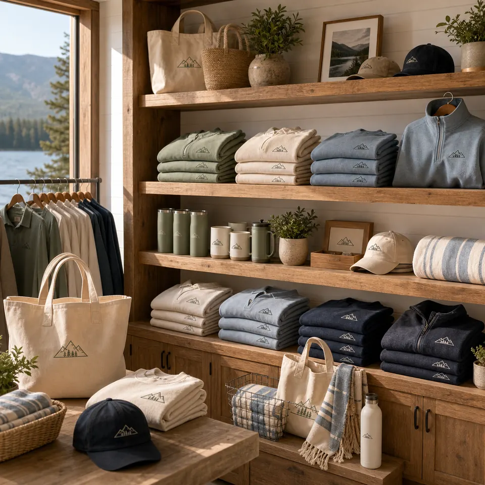 Lakeside boutique shelves with cream, sage, and lake-blue resort apparel