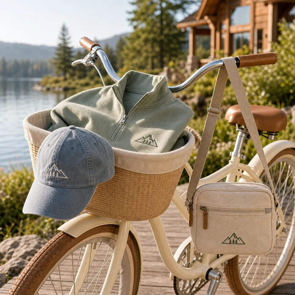 Cream cruiser bike with sage quarter-zip, faded-blue cap, and canvas bag