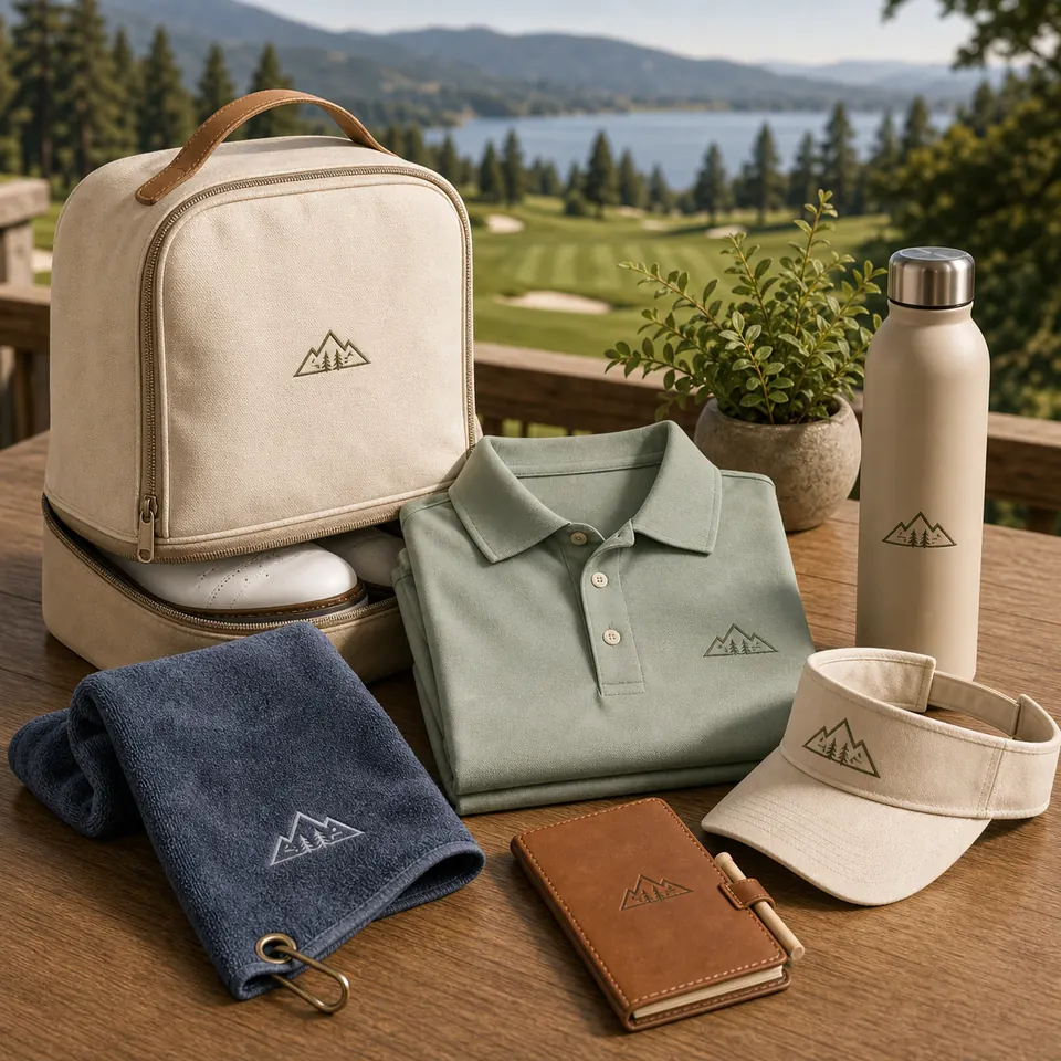 Cream and sage premium golf merchandise with caps and accessories