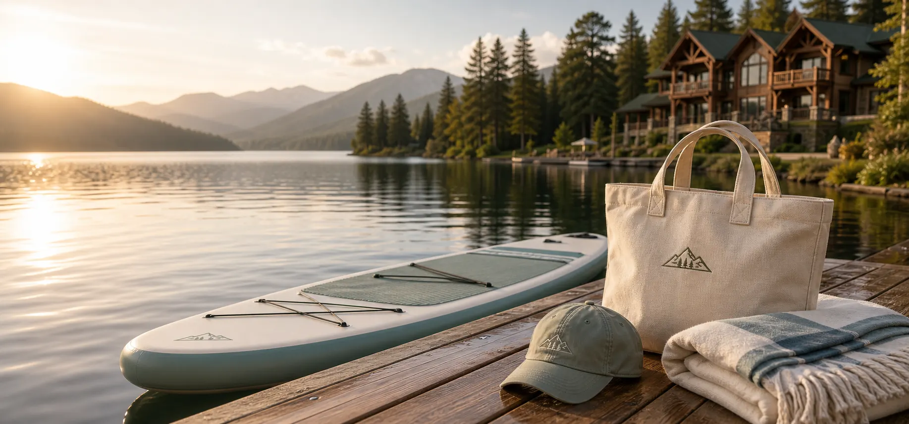 Branded paddleboard, canvas tote, sage cap, and striped blanket on a dock beside a mountain lake resort