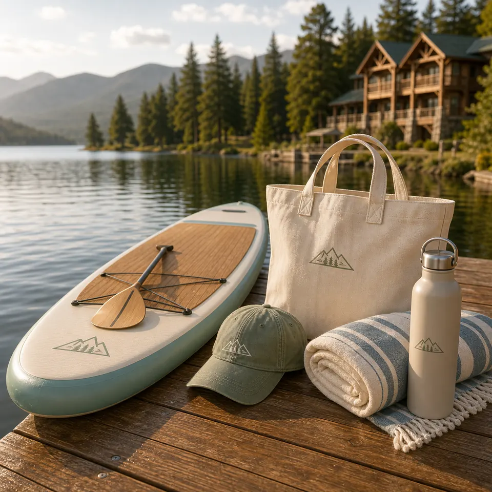 Paddleboard, canvas tote, cap, blanket, and bottle on a lakeside dock