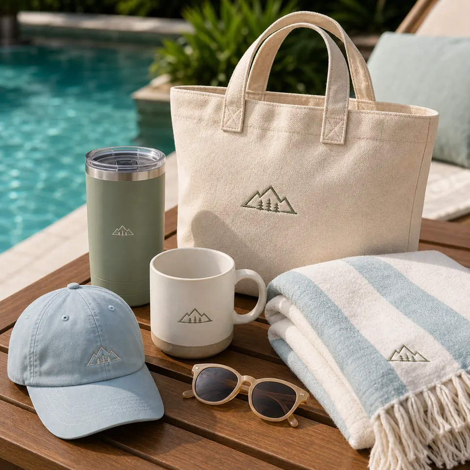 Canvas tote, striped towel, cap, tumbler, and mug beside a resort pool