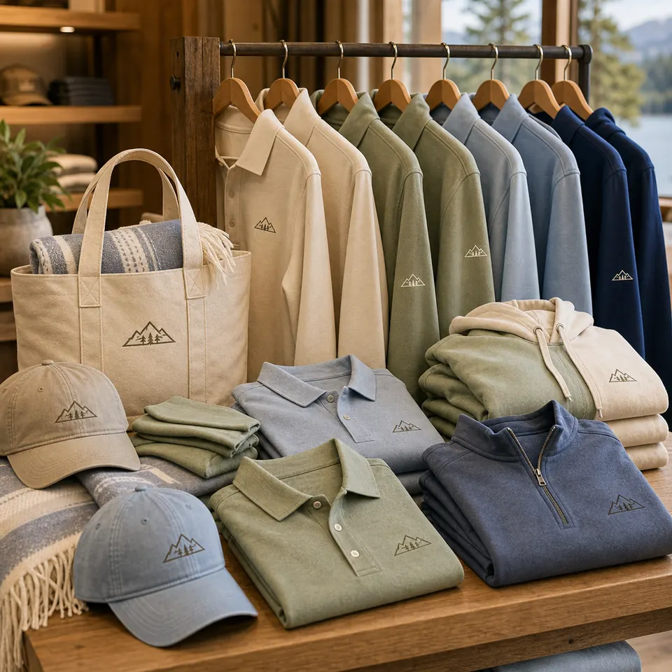 Cream, sage, blue, and navy resort apparel in a lakeside boutique