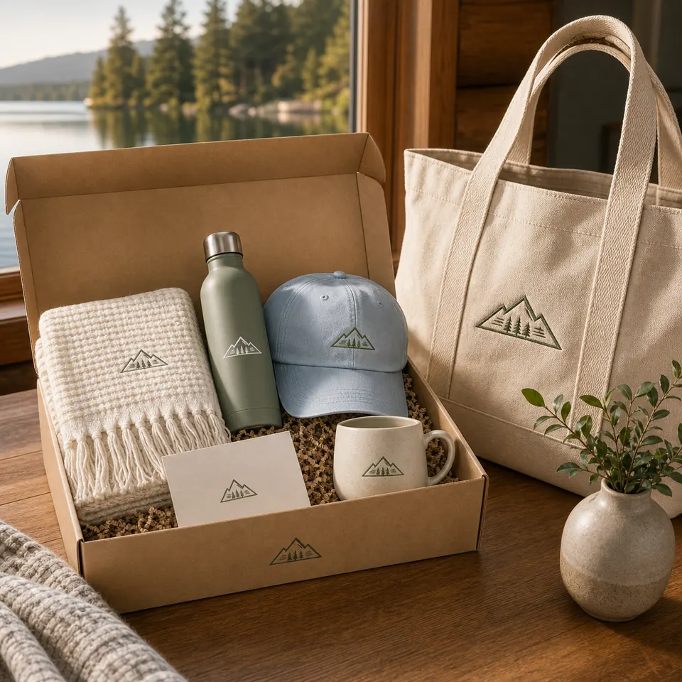 Light resort welcome kit with blanket, cap, bottle, and canvas tote
