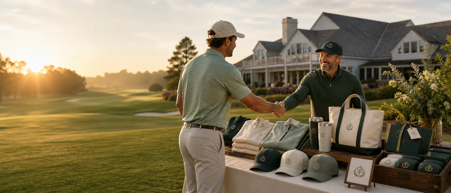 Tournament host greeting a golfer beside an elegant display of apparel, caps, totes, and player gifts