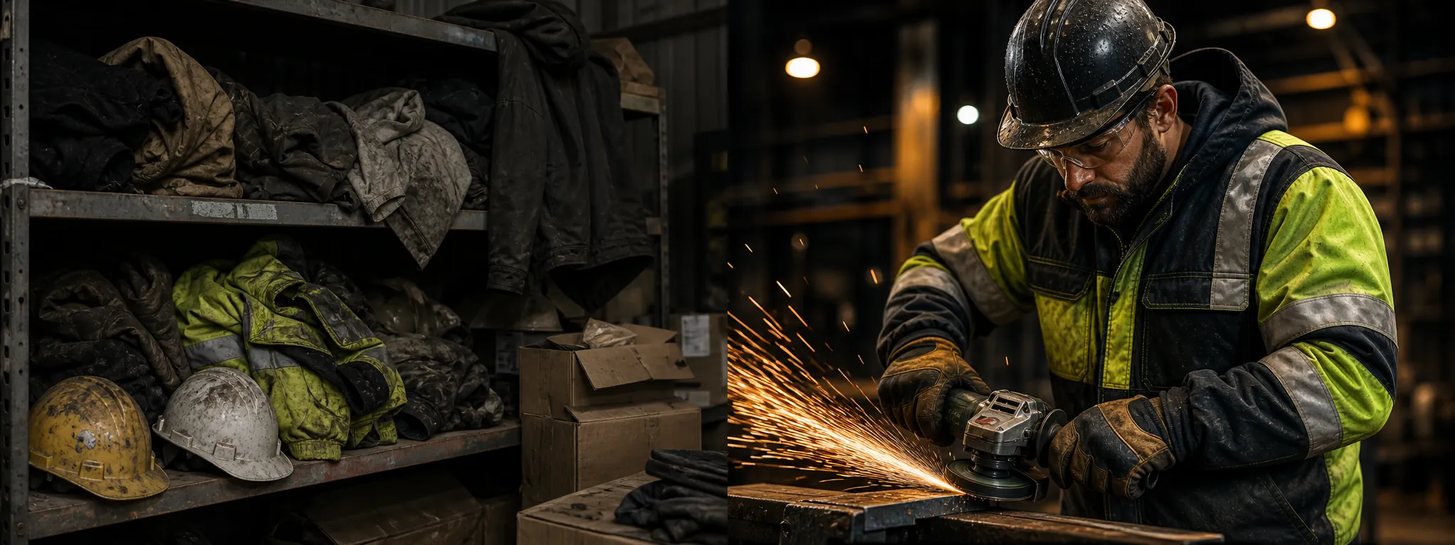 Disorganized low-quality workwear and hard hats