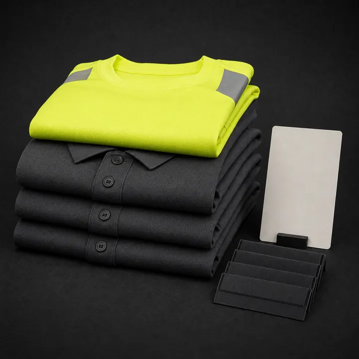 Folded crew uniform polos and high-visibility shirt