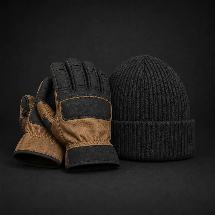 Rugged work gloves and knit beanie