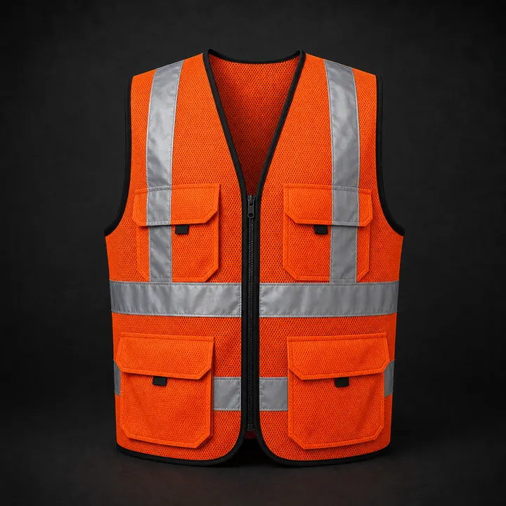Orange reflective safety vest with utility pockets