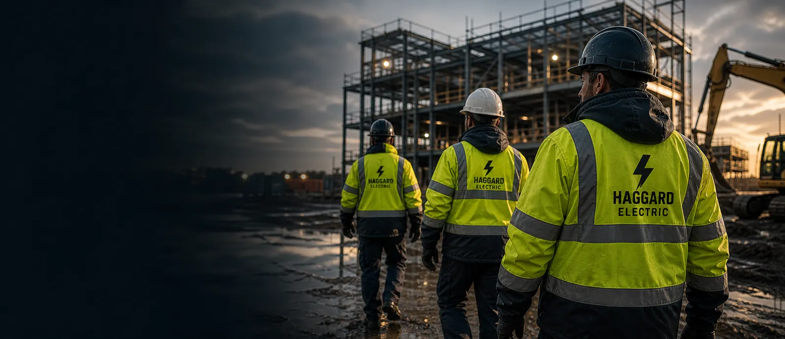 Haggard Electric crew in branded high-visibility jackets approaching a construction site